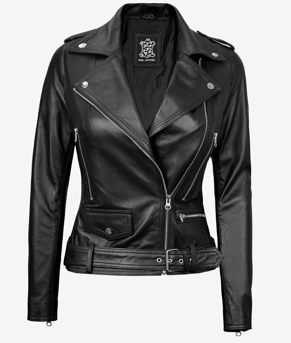 Marcella Black Asymmetrical Motorcycle Leather Jacket for Women LSW-0062